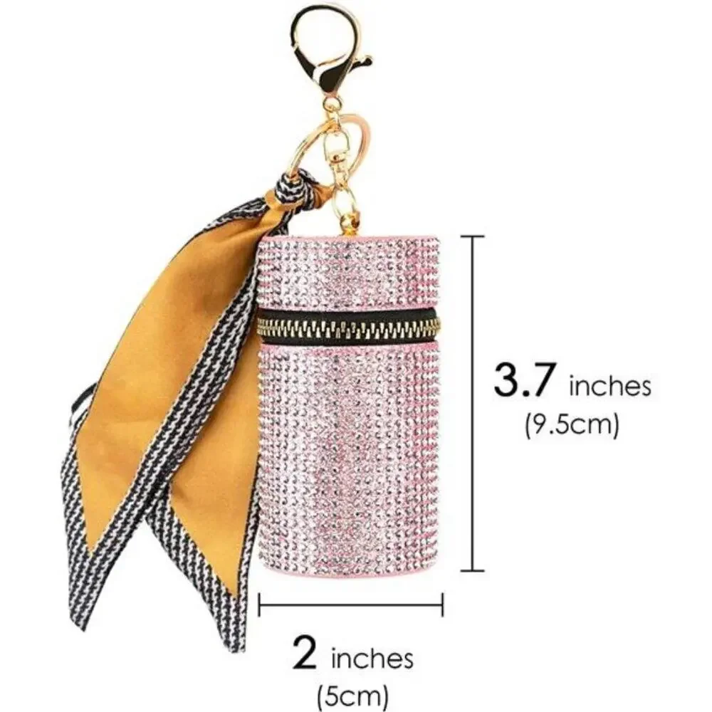 2 Pack Lipstick Case Keychain Leather Diamond Lip Gloss Holder Black & Pink